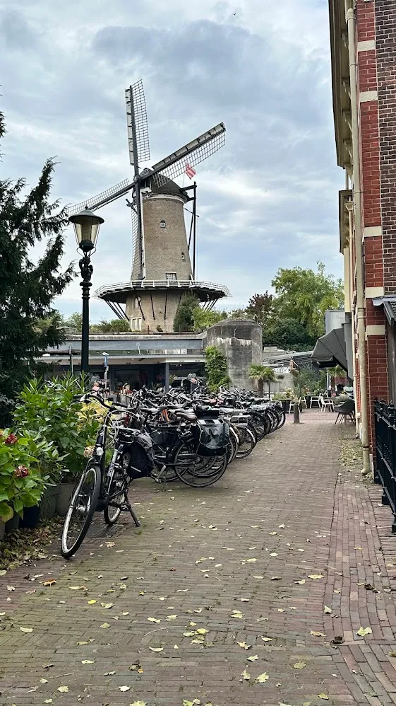 Un molino tradicional detrás de una fila de bicicletas estacionadas en Alkmaar