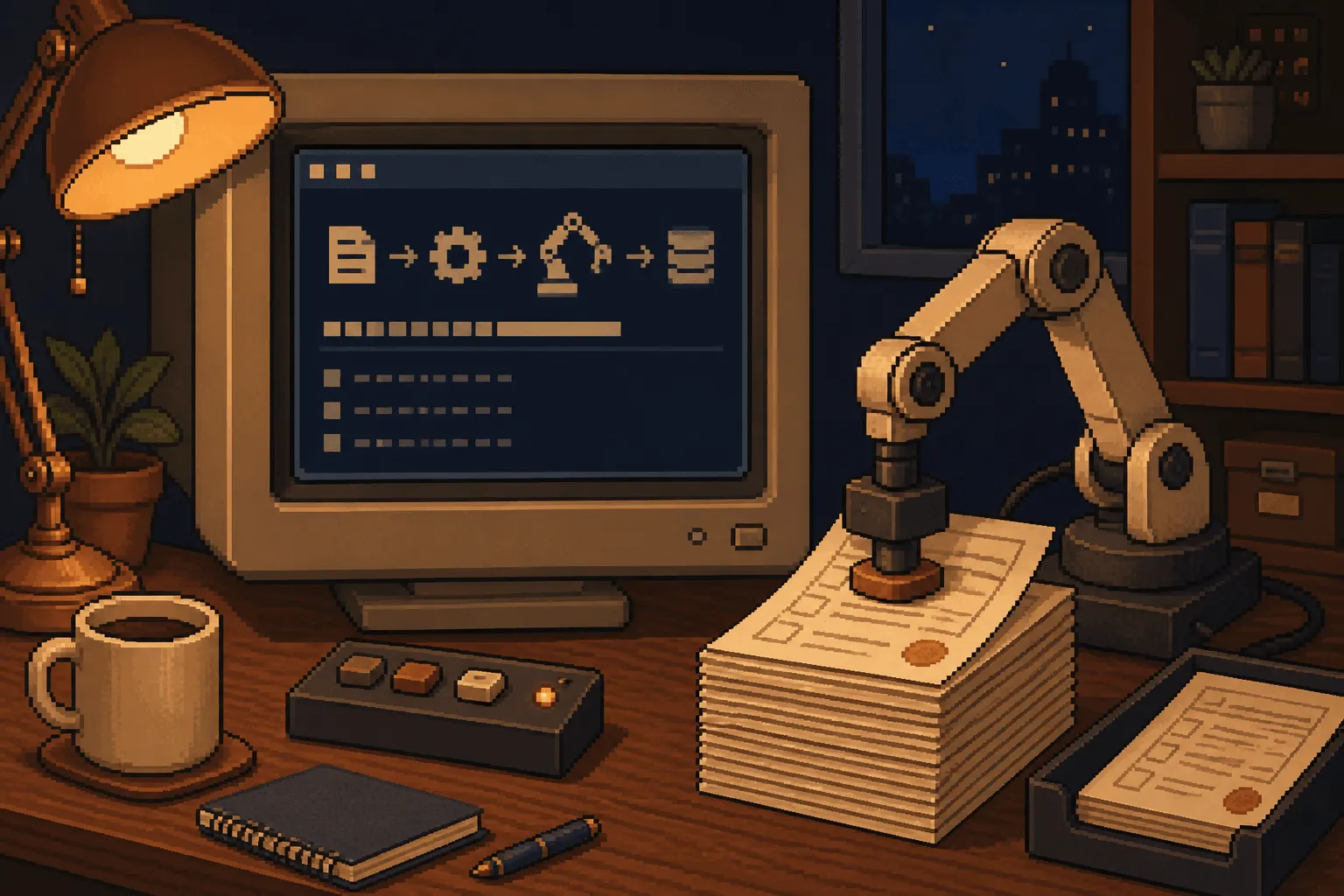 Scrivania pixel-art con un monitor che mostra un flusso automatizzato di documenti per scansione e report di sicurezza AWS
