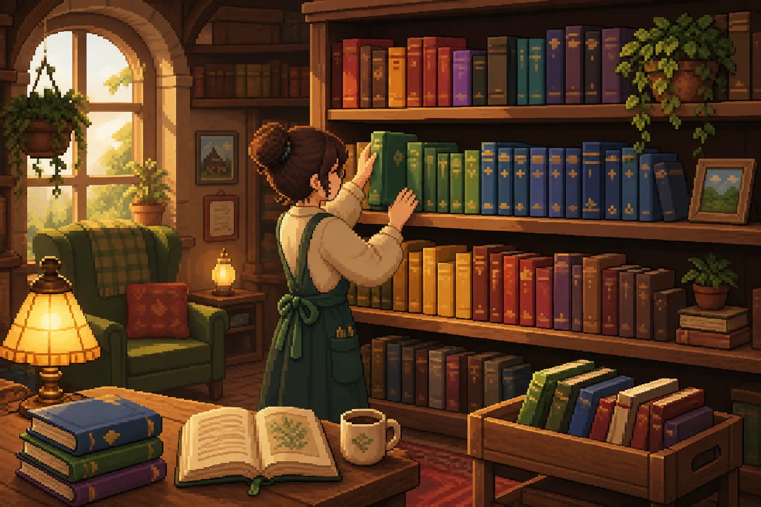 Scaffali di biblioteca con libri colorati in fase di ordinamento nel gioco Librarian's Challenge