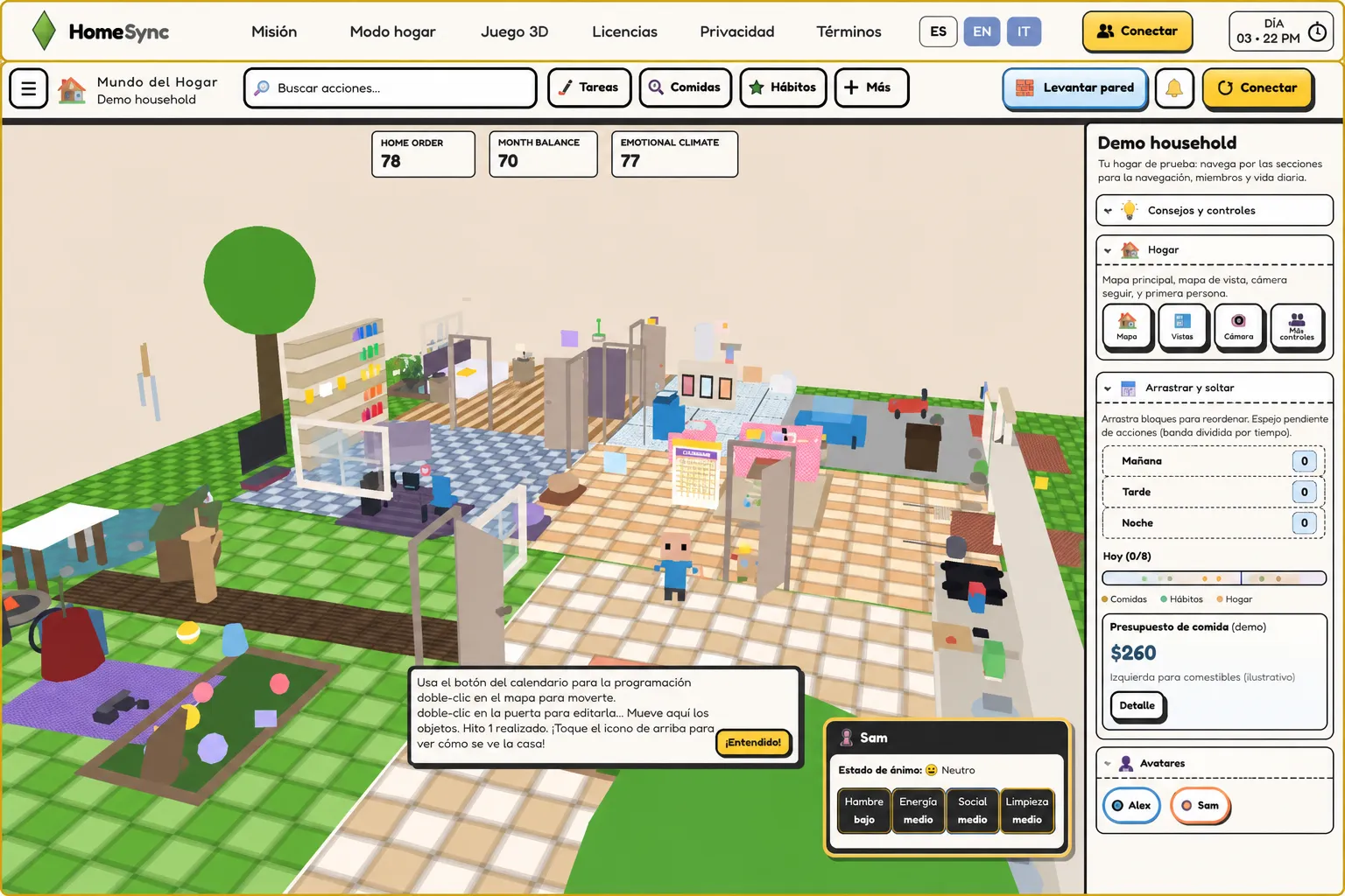 Gioco WebGL di Perri.Sync, Household World isometrico con faccende, abitudini e metriche condivise