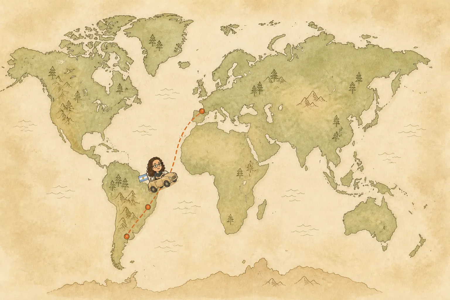 Mappa del mondo illustrata con una rotta tratteggiata e una macchinina sulla strada